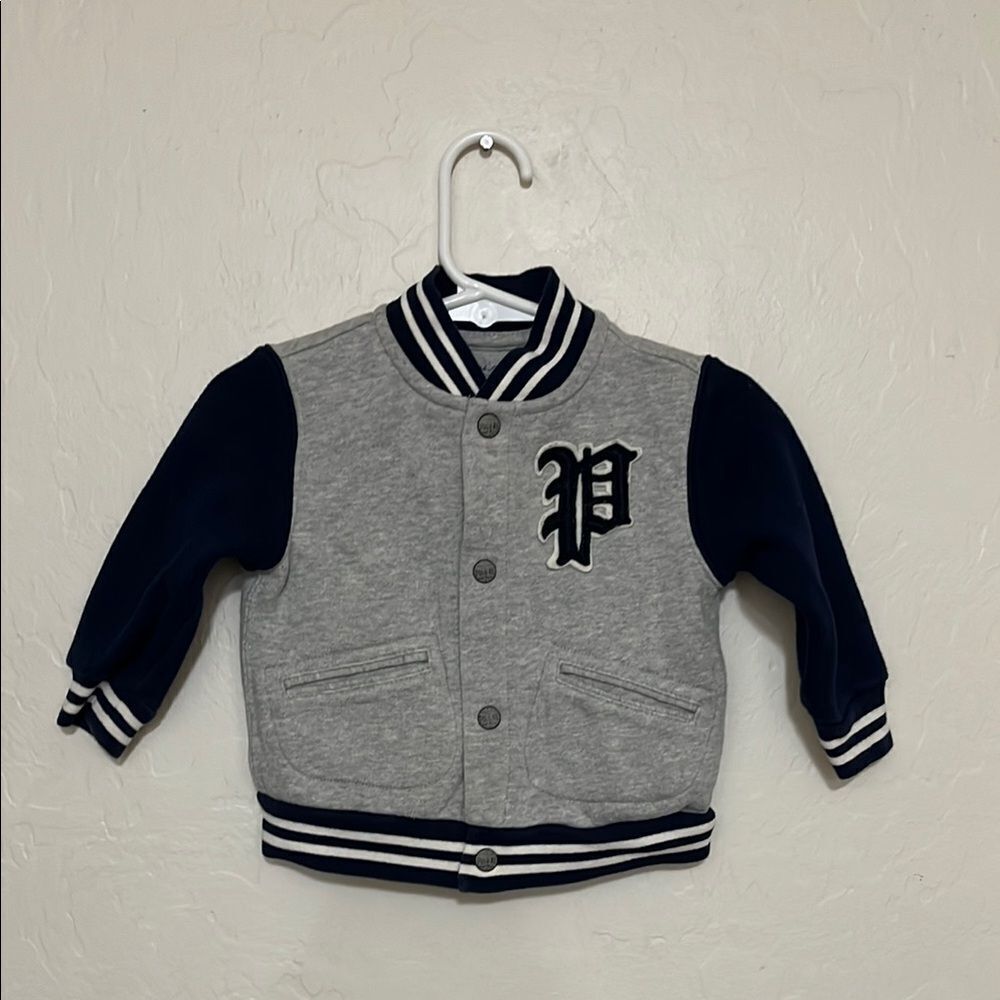 Ralph Lauren Gray Blue Bear Graphic Varsity Button Closure Jacket